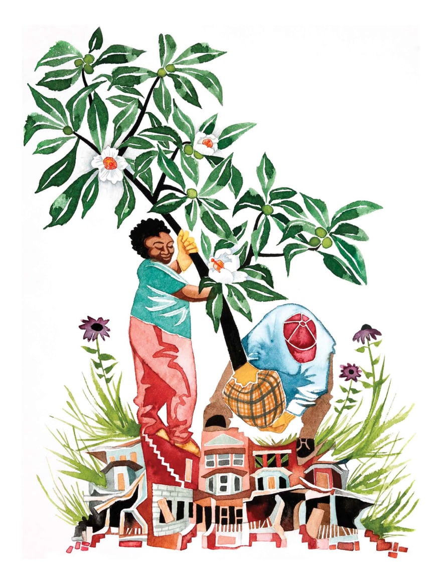 Chloros Prints watercolor by Emily C-D for the We Garden Under Blue Lights book w Karen Brau, 2016.