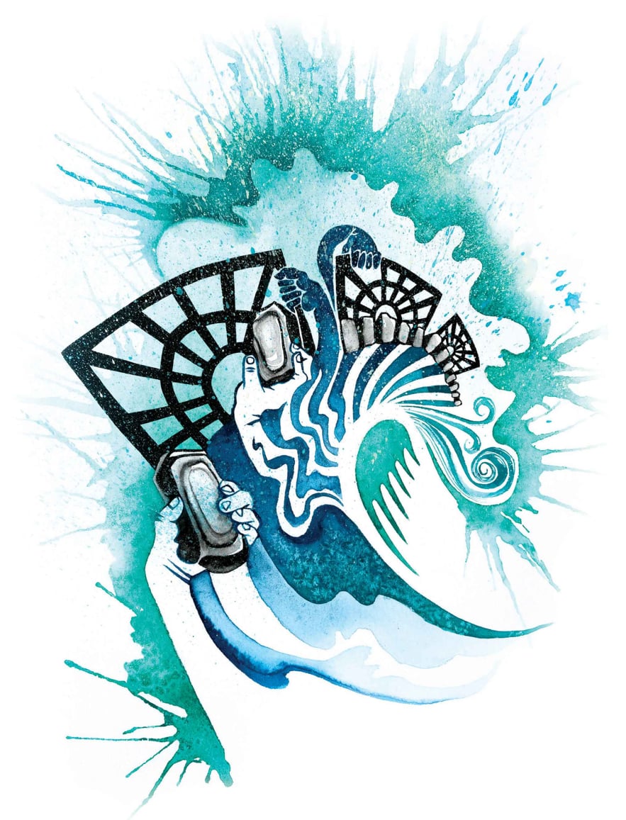 Tsunami watercolor by Emily C-D for the We Garden Under Blue Lights book w Karen Brau, 2016.