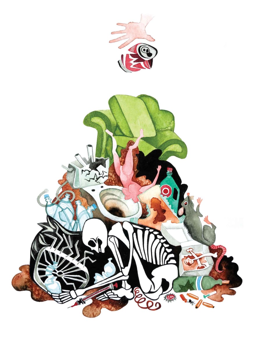 Trash, for Ricky Myers watercolor by Emily C-D for the We Garden Under Blue Lights book w Karen Brau, 2016.