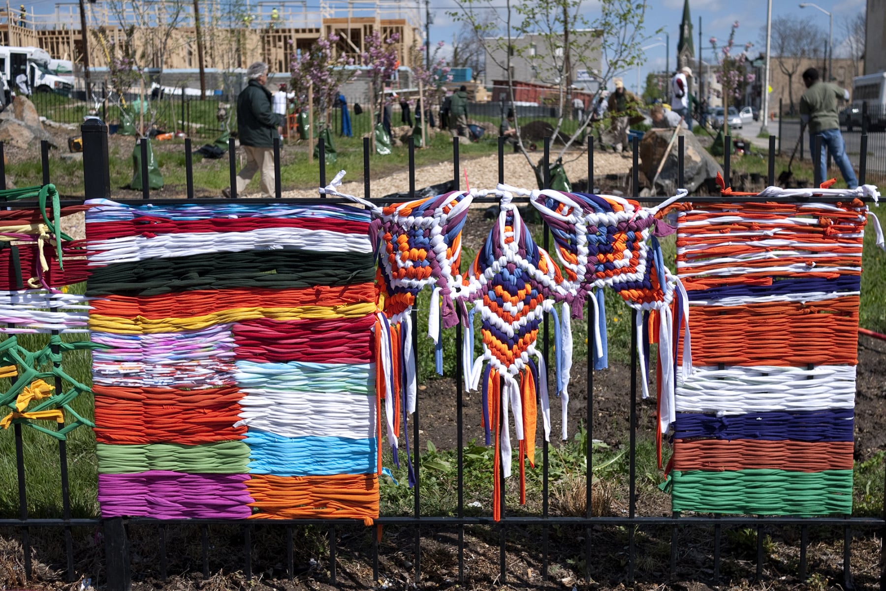 Detail of Fenceweave ephemeral public tapestry by Emily C-D, Baltimore, MD, 2013.