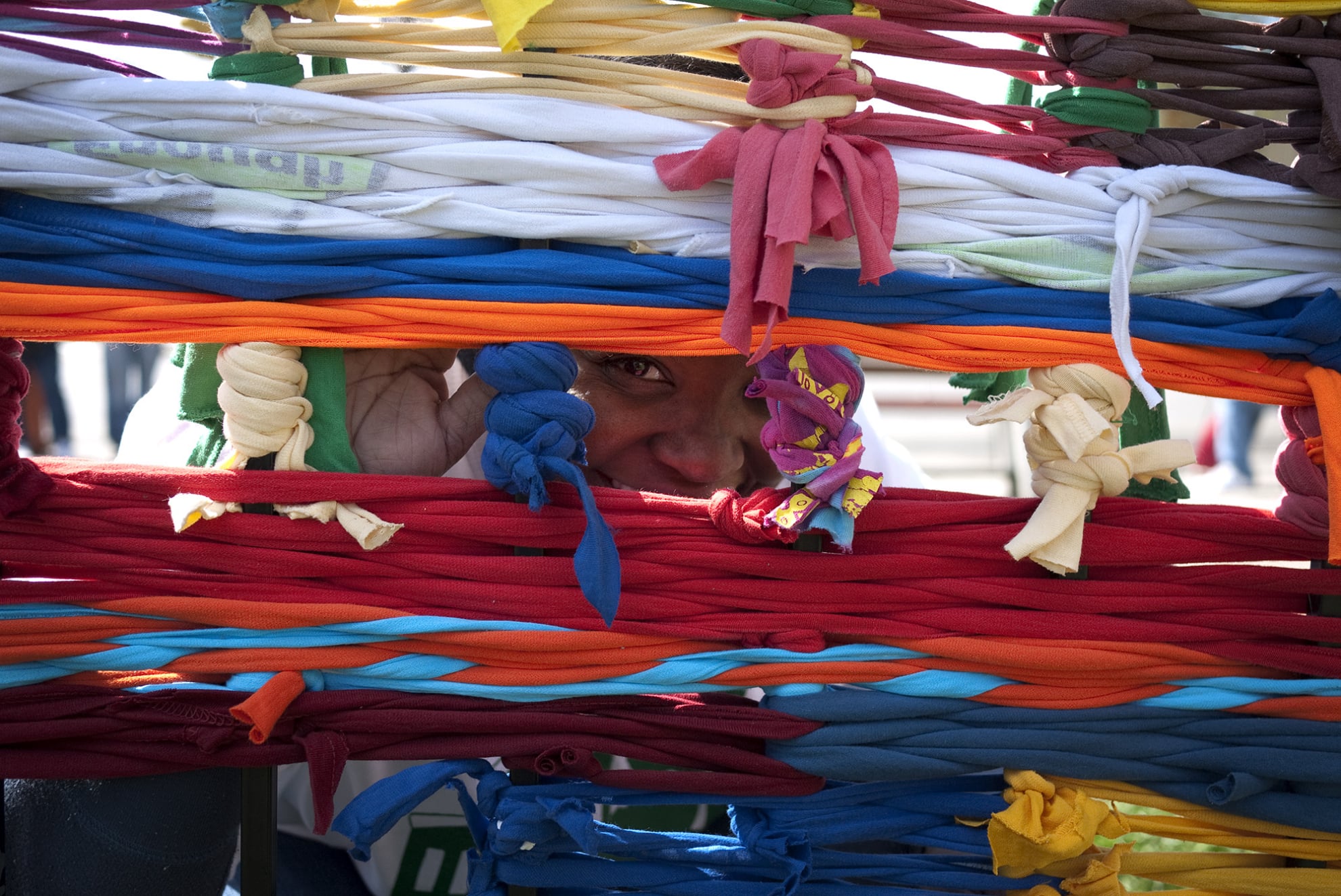 Detail of Fenceweave ephemeral public tapestry by Emily C-D, Baltimore, MD, 2013.