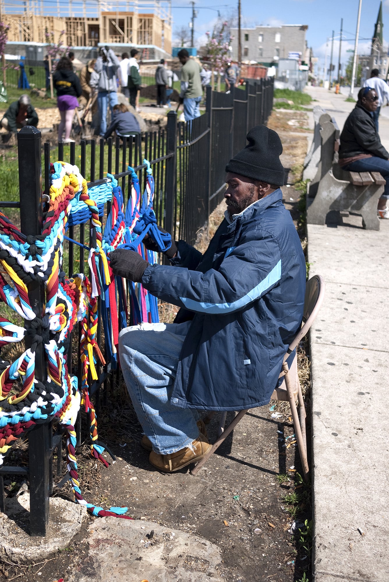 Fenceweave ephemeral public tapestry by Emily C-D, Baltimore, MD, 2013.