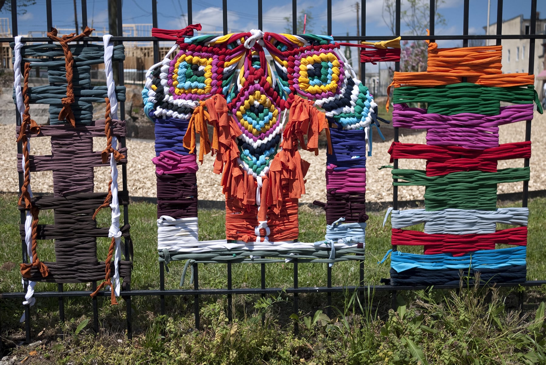 Detail of Fenceweave ephemeral public tapestry by Emily C-D, Baltimore, MD, 2013.