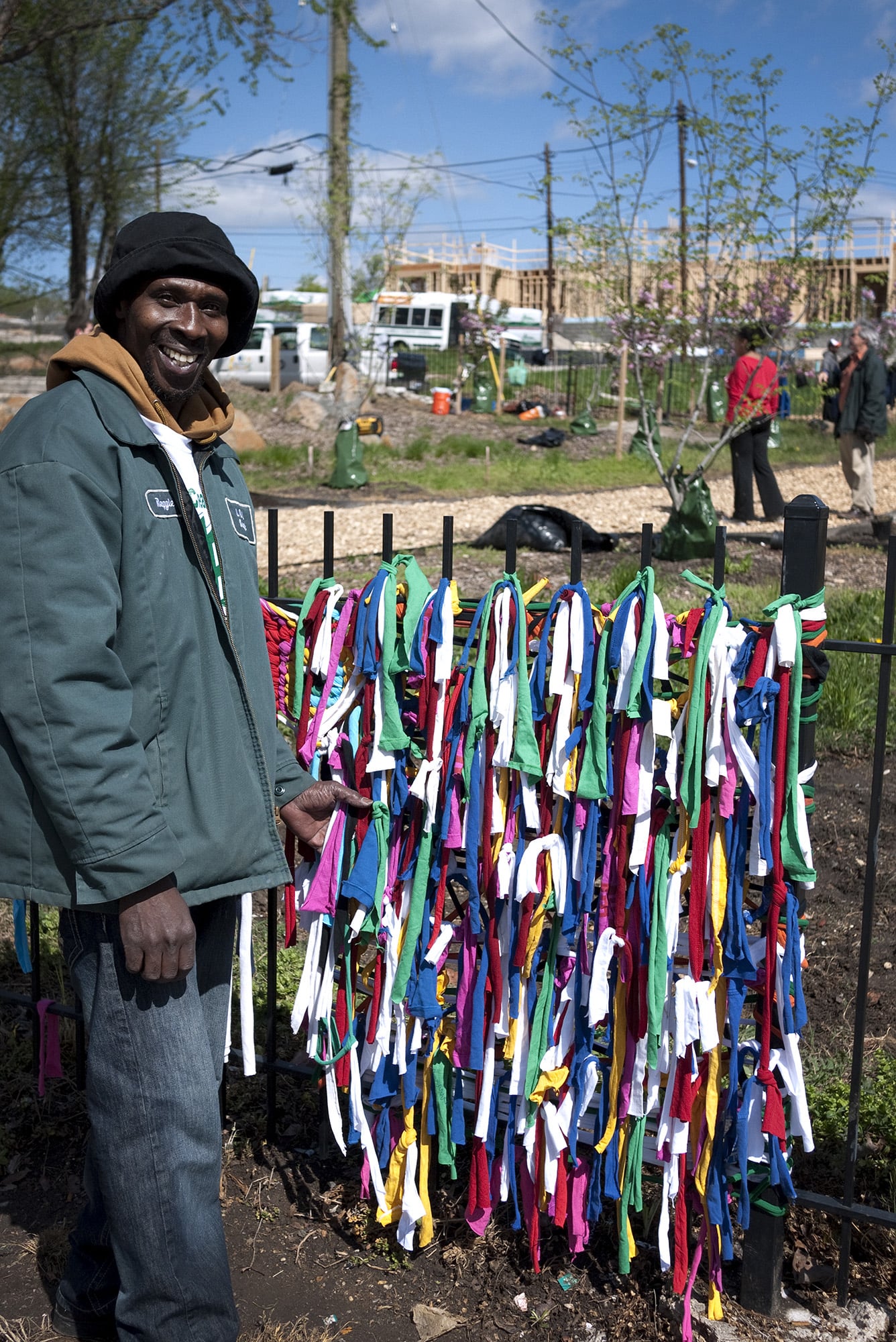 Fenceweave ephemeral public tapestry by Emily C-D, Baltimore, MD, 2013.