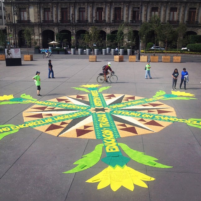 Florecer Aquí y Allá ephemeral installation by Emily C-D in the Zocalo main square of Mexico City, 2019.