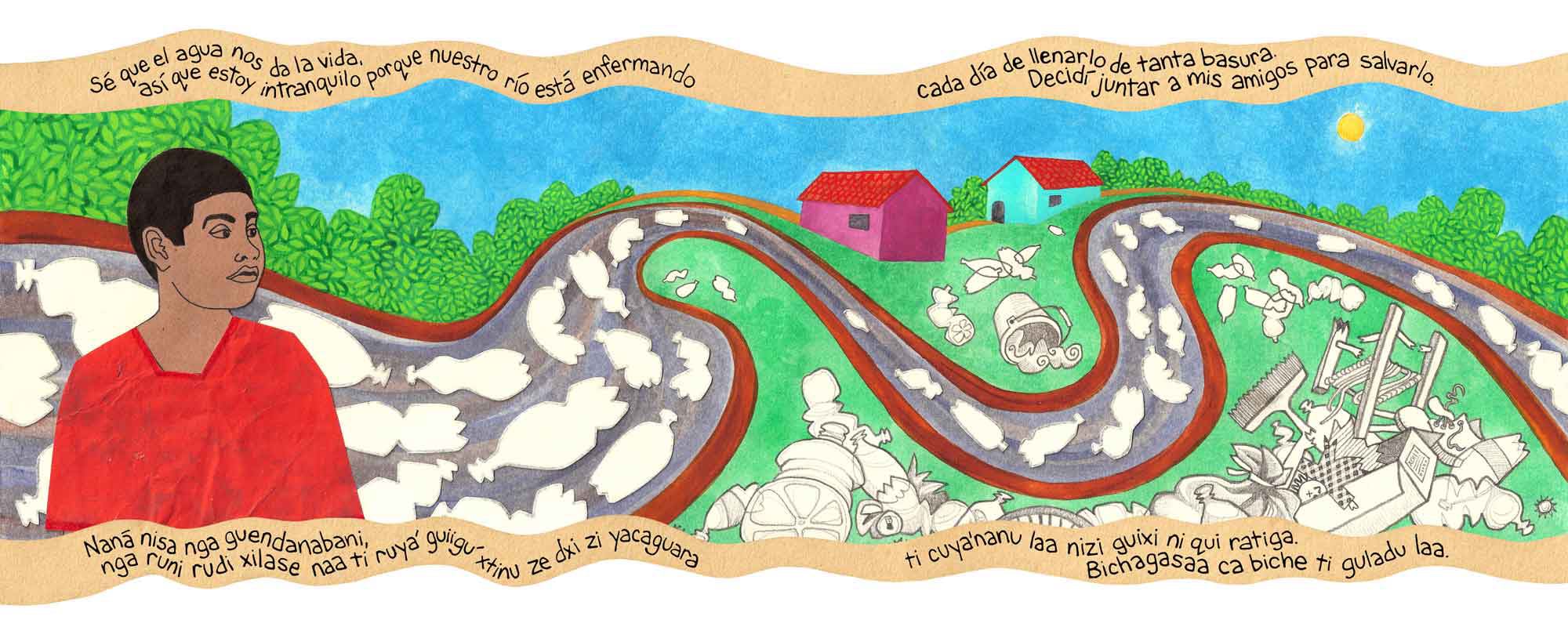 River for a Thousand Years picture book, text in Spanish/Zapotec by Victor Fuentes with illustrations by Emily C-D, published by the Mexican Ministry of Public Education in 2019.