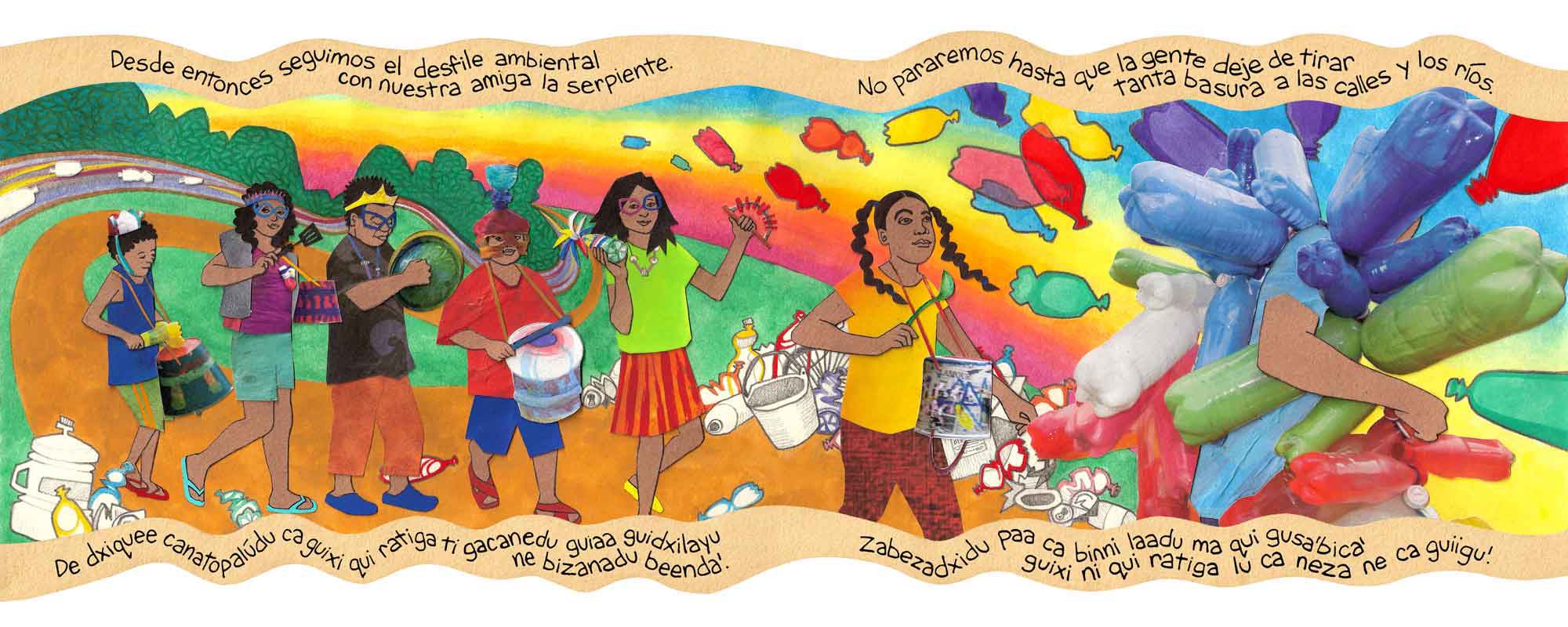 River for a Thousand Years picture book, text in Spanish/Zapotec by Victor Fuentes with illustrations by Emily C-D, published by the Mexican Ministry of Public Education in 2019.