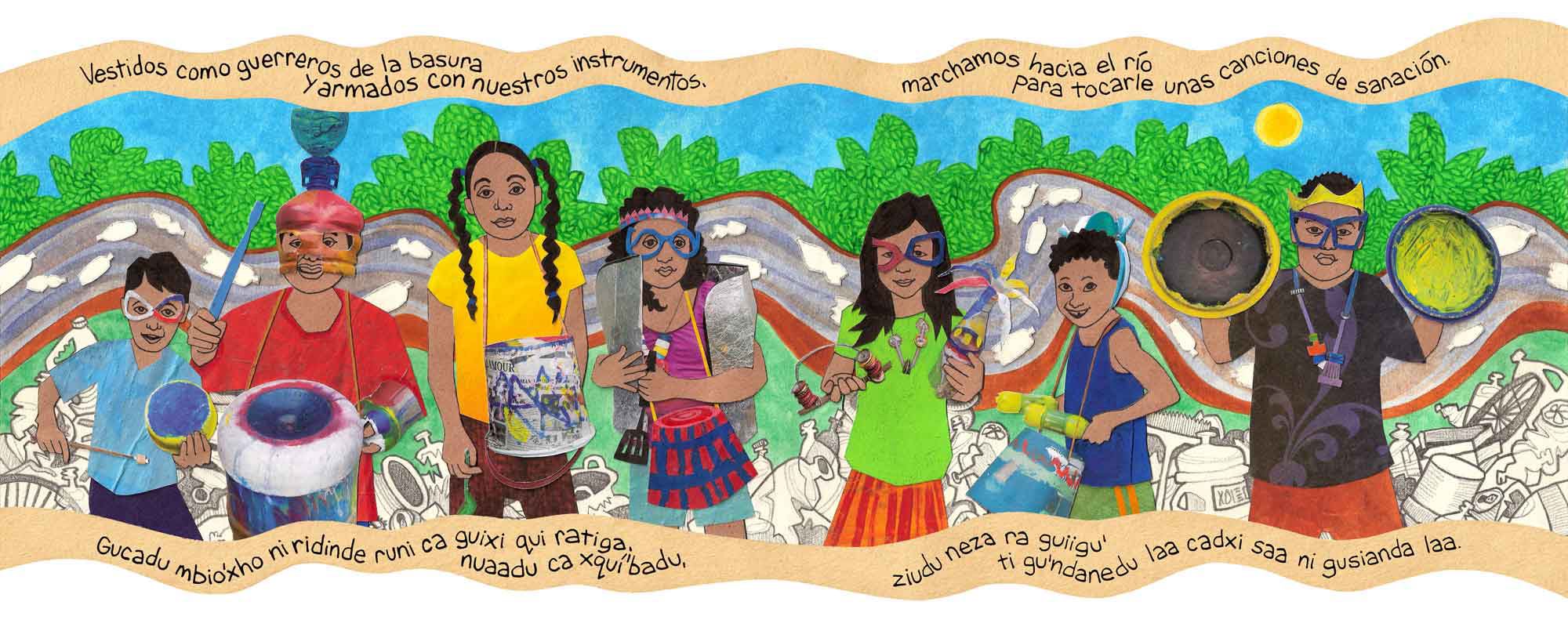 River for a Thousand Years picture book, text in Spanish/Zapotec by Victor Fuentes with illustrations by Emily C-D, published by the Mexican Ministry of Public Education in 2019.