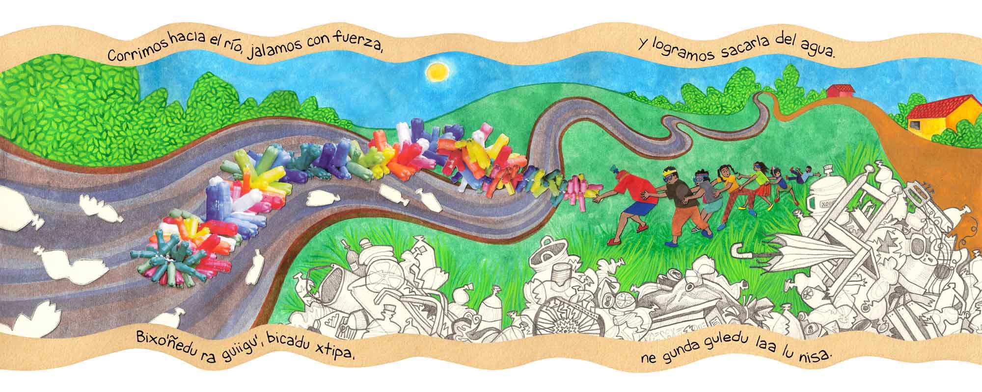 River for a Thousand Years picture book, text in Spanish/Zapotec by Victor Fuentes with illustrations by Emily C-D, published by the Mexican Ministry of Public Education in 2019.