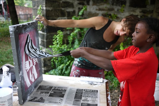 Sunflower Village screenprinting workshops in Baltimore, MD by Emily C-D with Jessie and Katey (artist trio Can Collective), 2012.