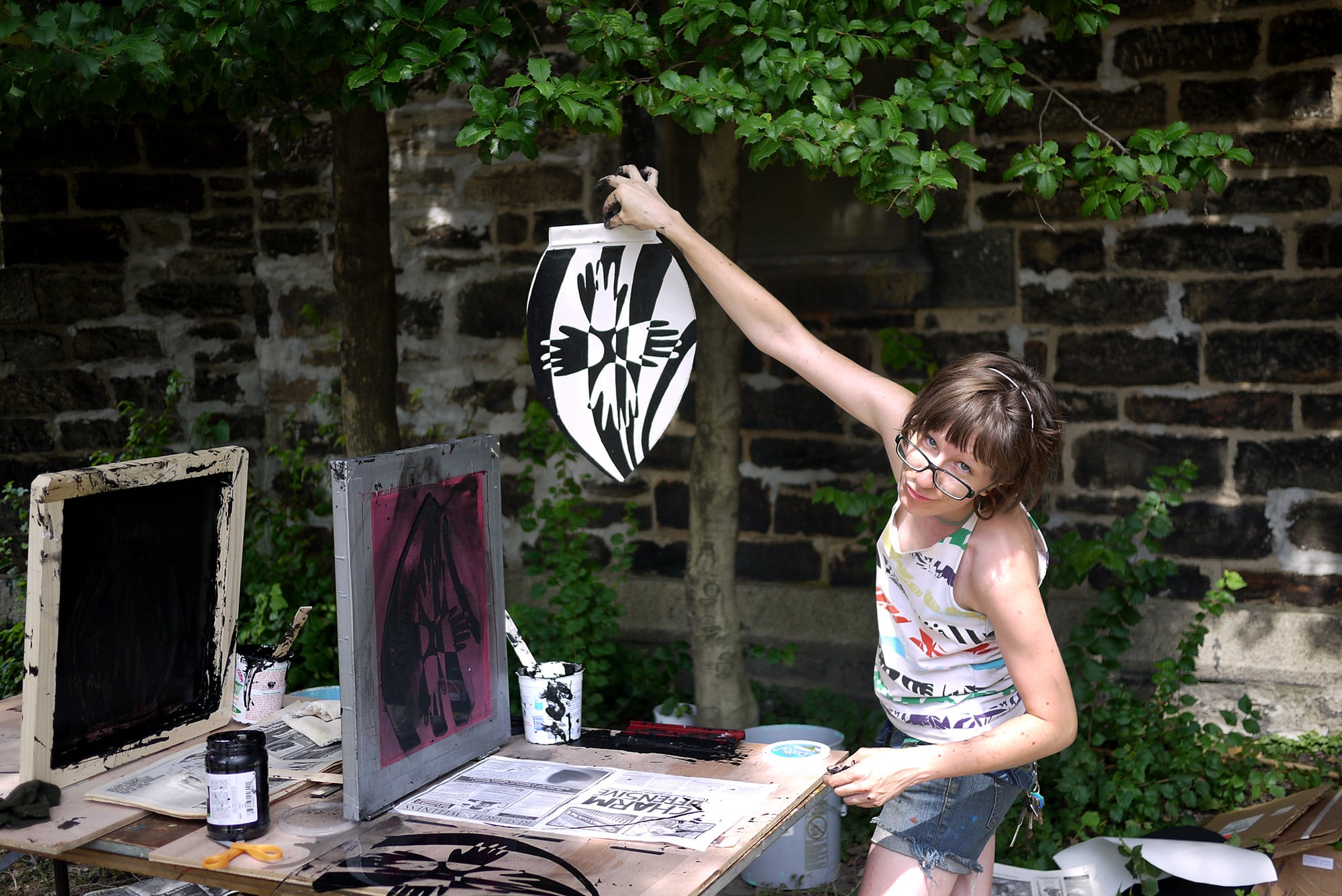 Sunflower Village screenprinting workshops in Baltimore, MD by Emily C-D with Jessie and Katey (artist trio Can Collective), 2012.